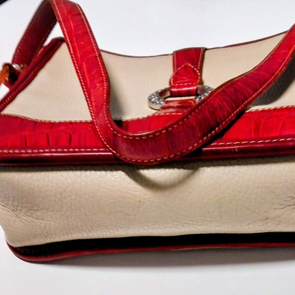 BRIGHTON VINTAGE CREAM/RED LEATHER BUCKET BAG PURSE MEDIUM EUC WITH AIRPOD HOLDE - Picture 9 of 14